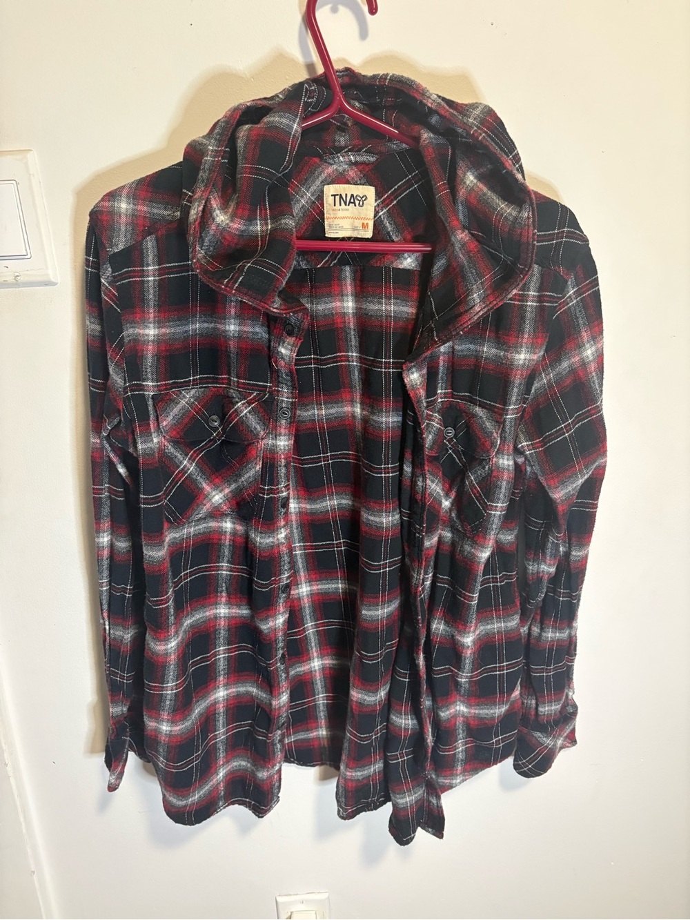 TNA Red and Black Plaid Hooded Button-Down flannel